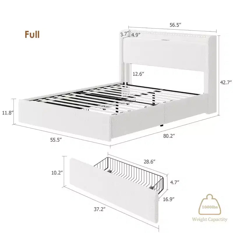 Struttura letto in tessuto bouclé con testiera contenitore, stazione di ricarica e luci LED, struttura letto a piattaforma imbottita a profilo basso con 4 cassetti contenitori