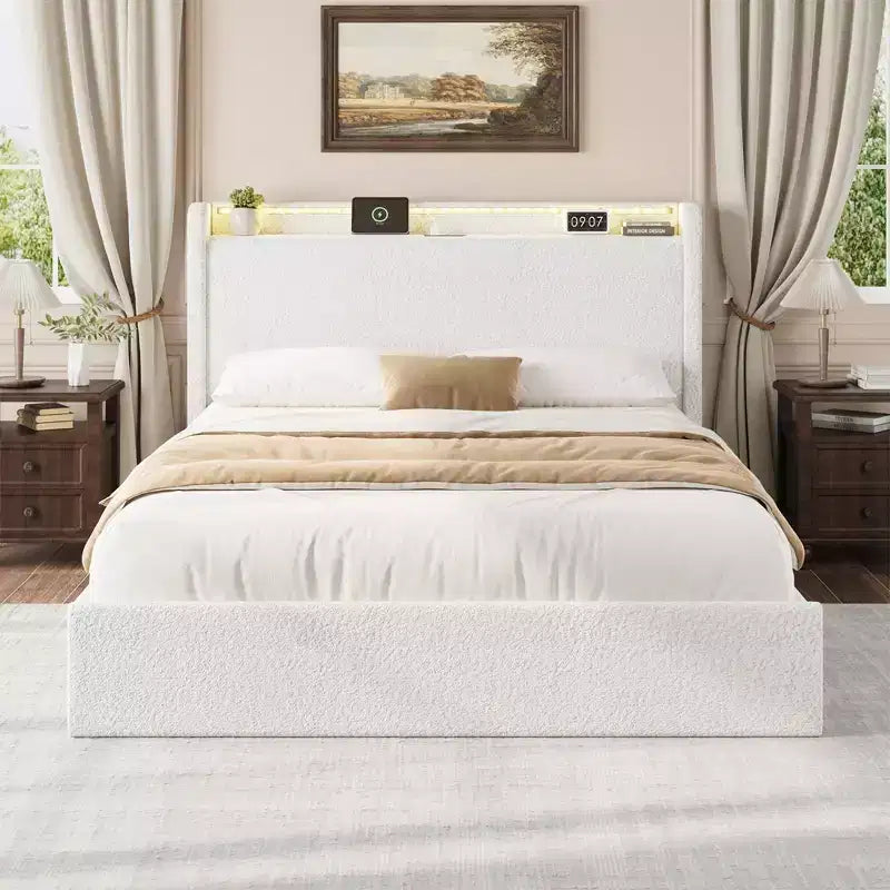 Struttura letto in tessuto bouclé con testiera contenitore, stazione di ricarica e luci LED, struttura letto a piattaforma imbottita a profilo basso con 4 cassetti contenitori