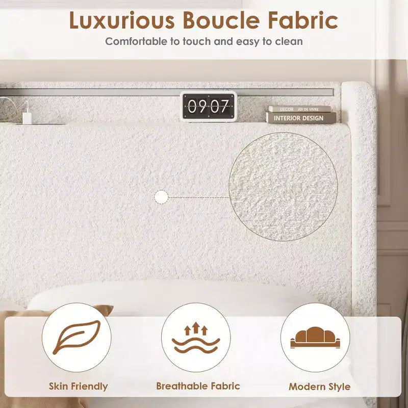 Struttura letto in tessuto bouclé con testiera contenitore, stazione di ricarica e luci LED, struttura letto a piattaforma imbottita a profilo basso con 4 cassetti contenitori