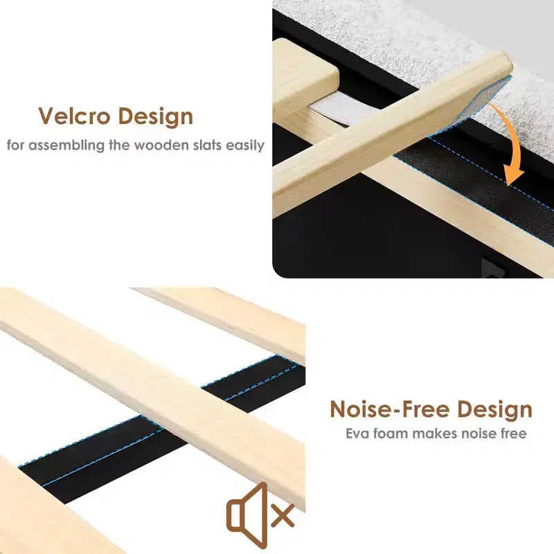 Struttura letto in tessuto bouclé con testiera contenitore, stazione di ricarica e luci LED, struttura letto a piattaforma imbottita a profilo basso con 4 cassetti contenitori