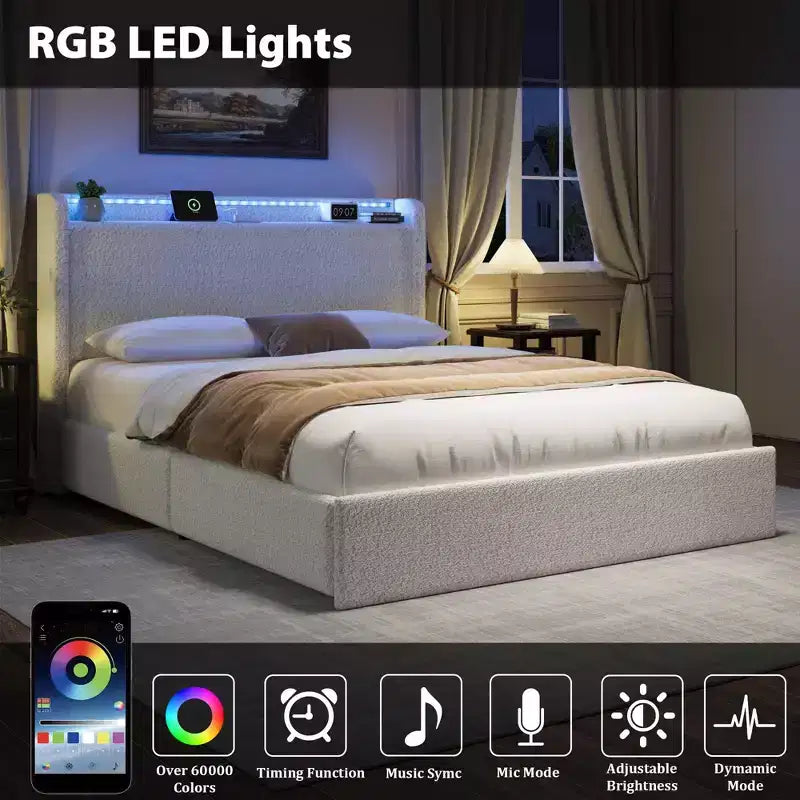 Struttura letto in tessuto bouclé con testiera contenitore, stazione di ricarica e luci LED, struttura letto a piattaforma imbottita a profilo basso con 4 cassetti contenitori