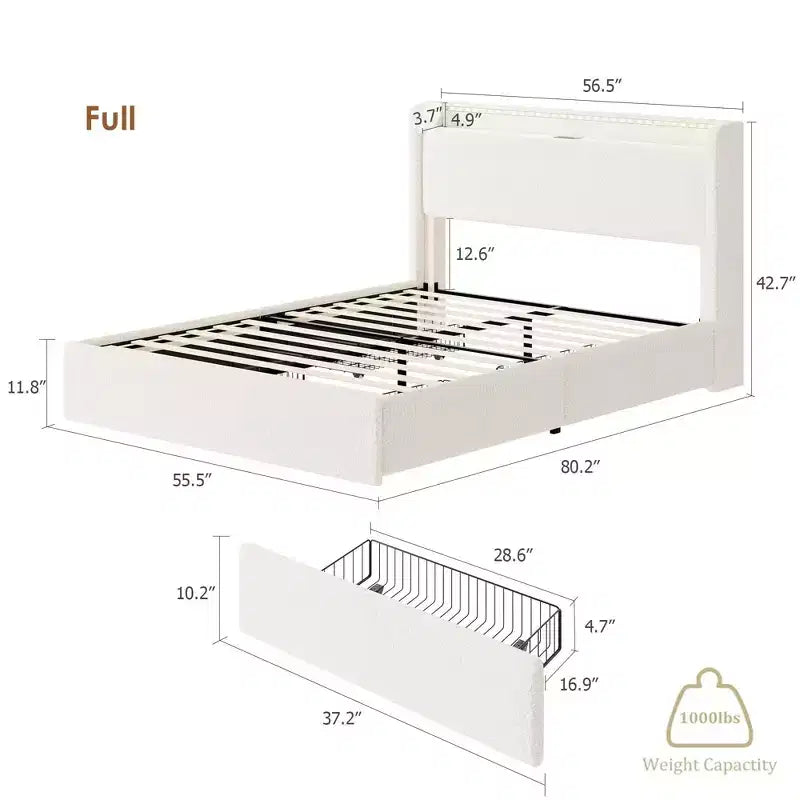 Struttura letto in tessuto bouclé con testiera contenitore, stazione di ricarica e luci LED, struttura letto a piattaforma imbottita a profilo basso con 4 cassetti contenitori