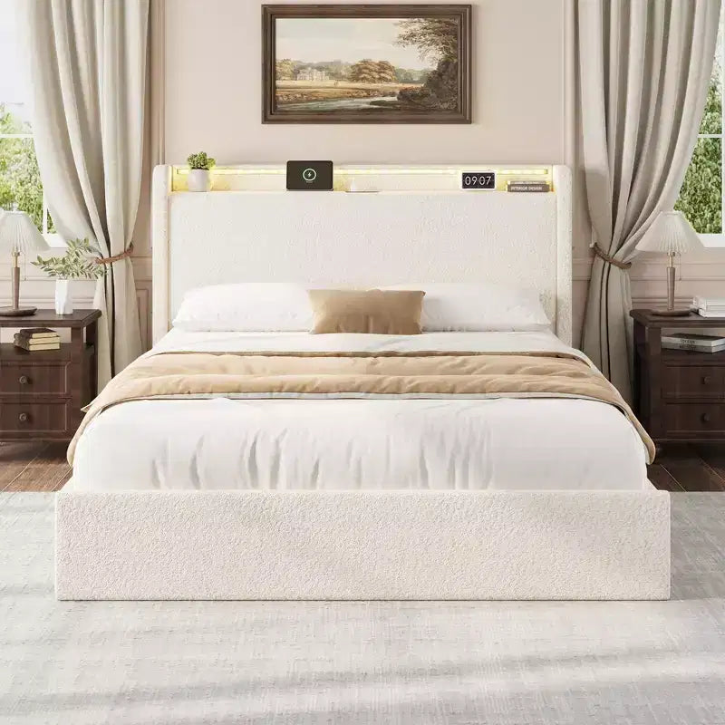Struttura letto in tessuto bouclé con testiera contenitore, stazione di ricarica e luci LED, struttura letto a piattaforma imbottita a profilo basso con 4 cassetti contenitori