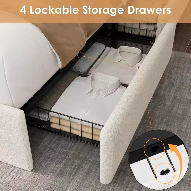 Struttura letto in tessuto bouclé con testiera contenitore, stazione di ricarica e luci LED, struttura letto a piattaforma imbottita a profilo basso con 4 cassetti contenitori