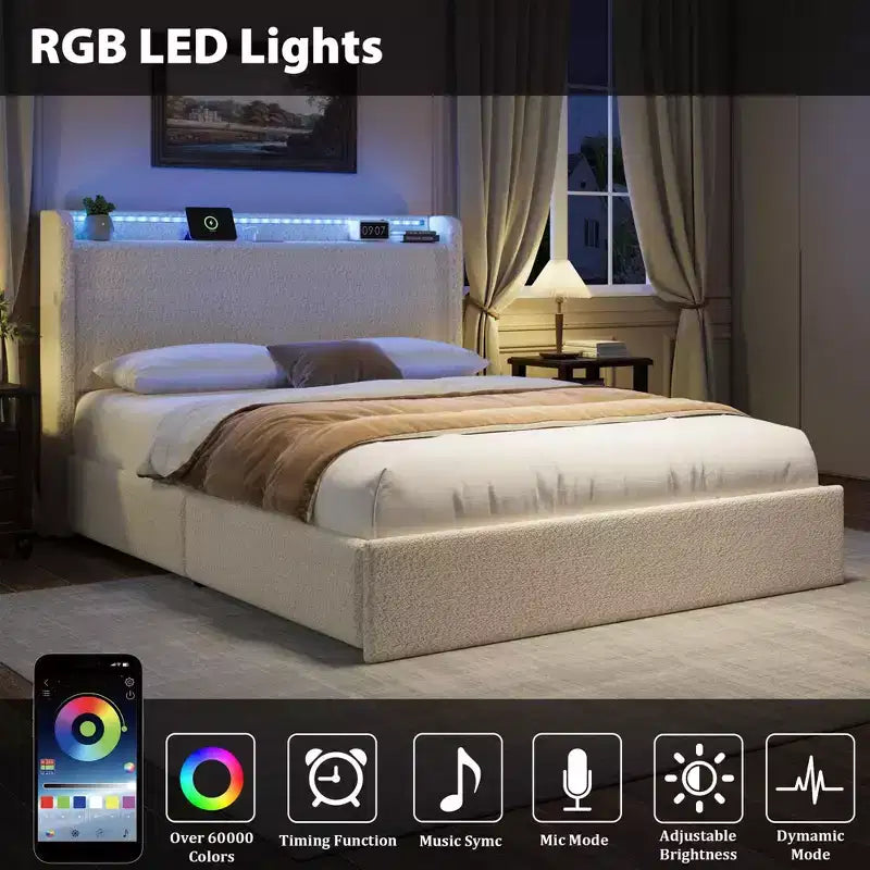 Struttura letto in tessuto bouclé con testiera contenitore, stazione di ricarica e luci LED, struttura letto a piattaforma imbottita a profilo basso con 4 cassetti contenitori