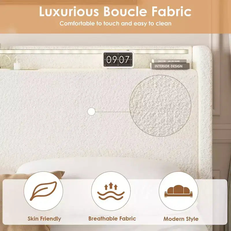 Struttura letto in tessuto bouclé con testiera contenitore, stazione di ricarica e luci LED, struttura letto a piattaforma imbottita a profilo basso con 4 cassetti contenitori