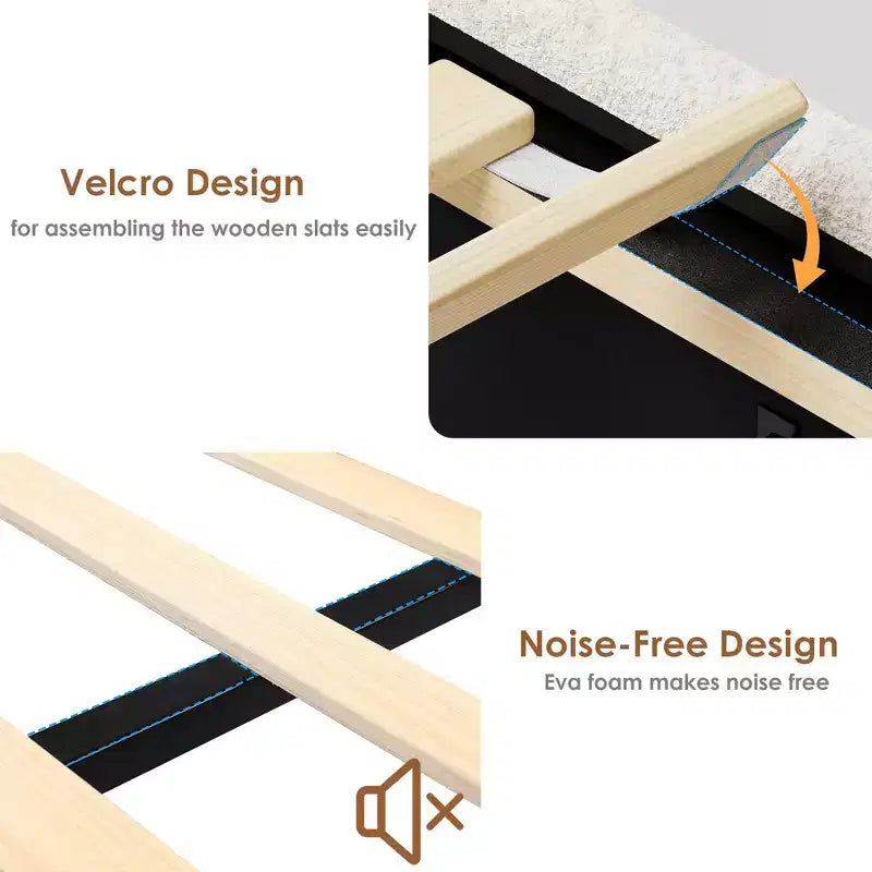 Struttura letto in tessuto bouclé con testiera contenitore, stazione di ricarica e luci LED, struttura letto a piattaforma imbottita a profilo basso con 4 cassetti contenitori