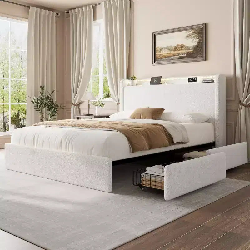 Struttura letto in tessuto bouclé con testiera contenitore, stazione di ricarica e luci LED, struttura letto a piattaforma imbottita a profilo basso con 4 cassetti contenitori
