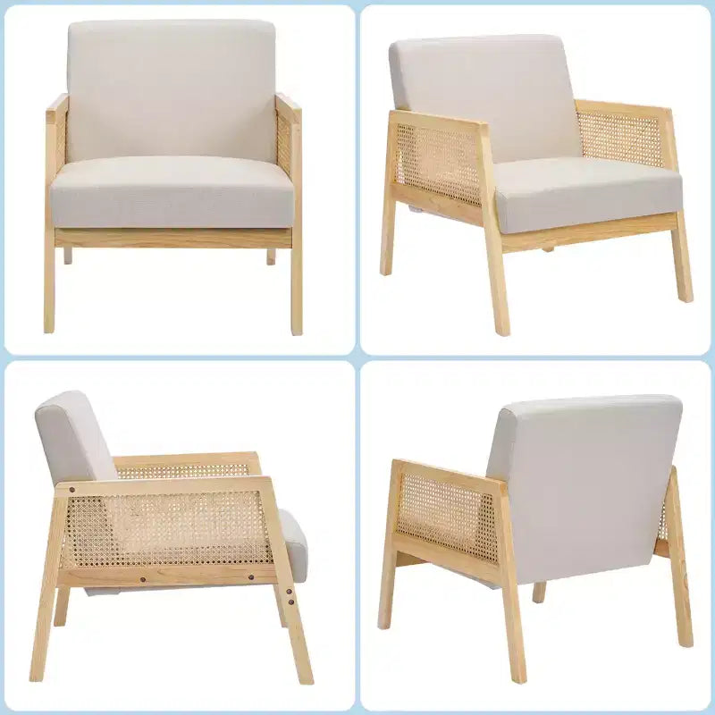Poltrona d'accento moderna di metà secolo, comode sedie da soggiorno con robuste gambe in legno, schienale in rattan e cuscino spesso in lino beige, poltrona (2 pezzi)