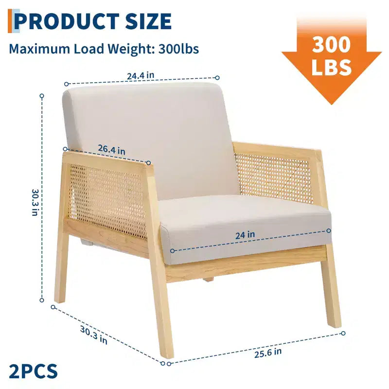 Poltrona d'accento moderna di metà secolo, comode sedie da soggiorno con robuste gambe in legno, schienale in rattan e cuscino spesso in lino beige, poltrona (2 pezzi)