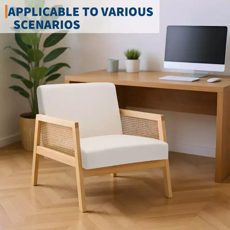 Poltrona d'accento moderna di metà secolo, comode sedie da soggiorno con robuste gambe in legno, schienale in rattan e cuscino spesso in lino beige, poltrona (2 pezzi)