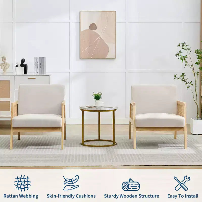 Poltrona d'accento moderna di metà secolo, comode sedie da soggiorno con robuste gambe in legno, schienale in rattan e cuscino spesso in lino beige, poltrona (2 pezzi)