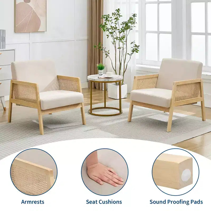 Poltrona d'accento moderna di metà secolo, comode sedie da soggiorno con robuste gambe in legno, schienale in rattan e cuscino spesso in lino beige, poltrona (2 pezzi)