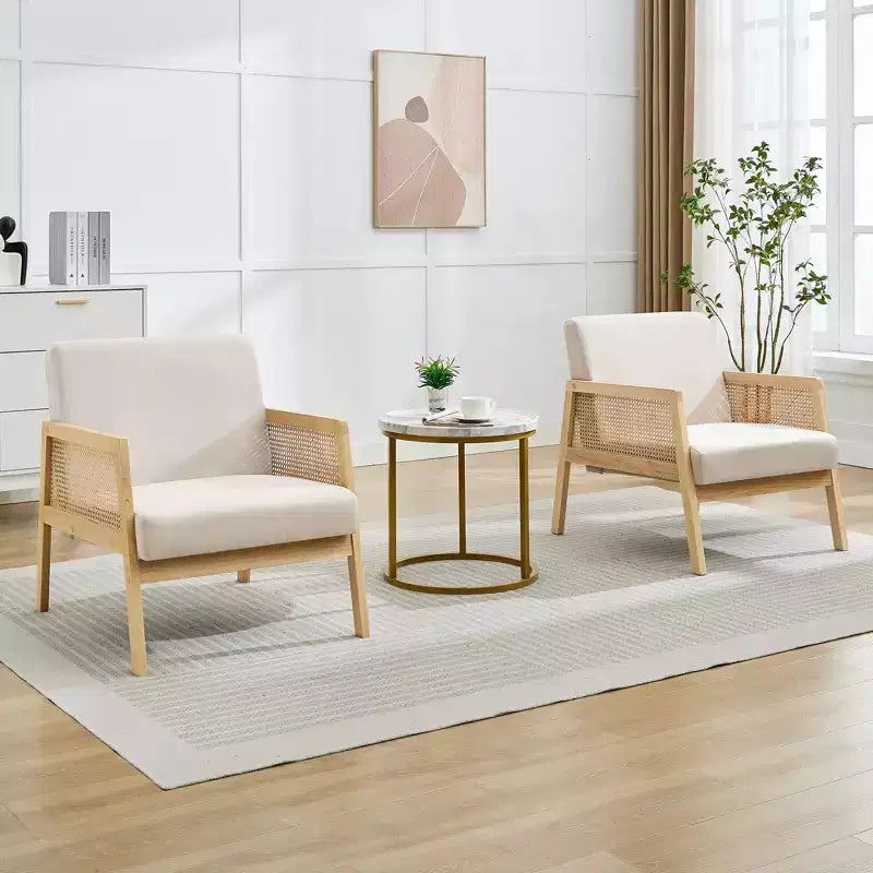 Poltrona d'accento moderna di metà secolo, comode sedie da soggiorno con robuste gambe in legno, schienale in rattan e cuscino spesso in lino beige, poltrona (2 pezzi)