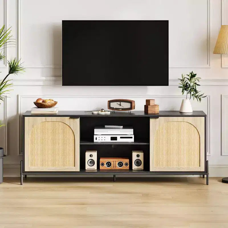 TV Stand with 3 Drawers for Living Room, Entertainment Center with Storage, Rattan Media Console Ith Metal Legs