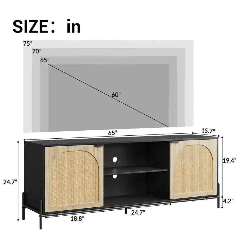 Mobile TV con 3 Cassetti per Soggiorno, Centro di Intrattenimento con Spazio di Archiviazione, Consolle Multimediale in Rattan con Gambe in Metallo