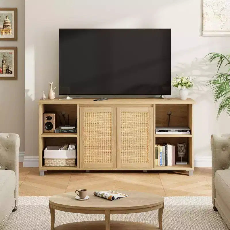 Mobile TV Moderno di Metà Secolo da 70 pollici con Ante in Rattan - Centro Intrattenimento per TV da 70 pollici