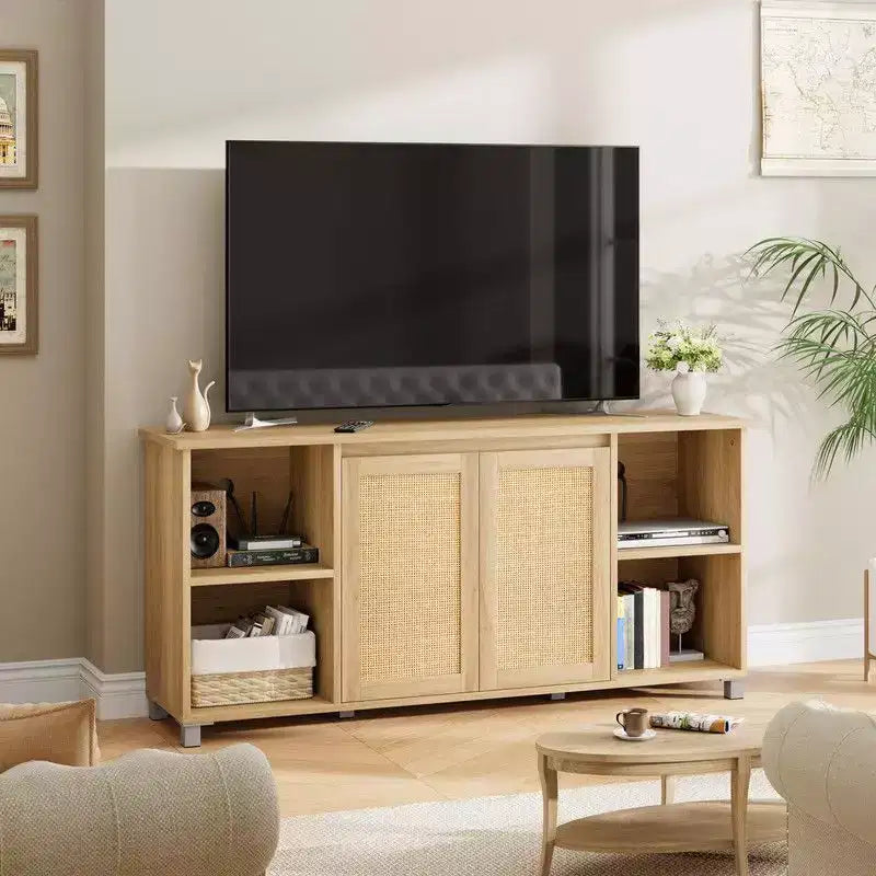 Mobile TV Moderno di Metà Secolo da 70 pollici con Ante in Rattan - Centro Intrattenimento per TV da 70 pollici