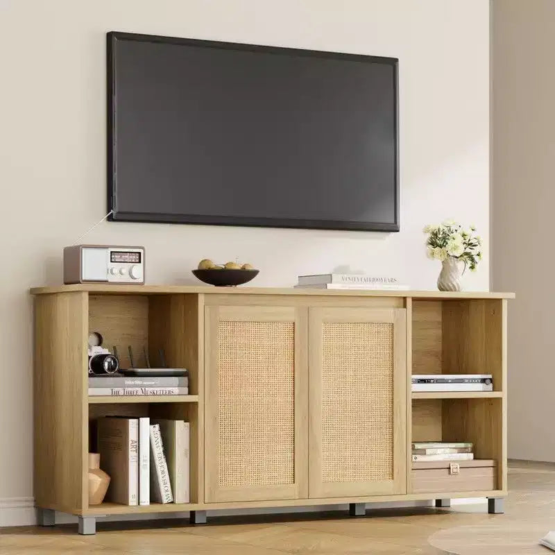 Mobile TV Moderno di Metà Secolo da 70 pollici con Ante in Rattan - Centro Intrattenimento per TV da 70 pollici