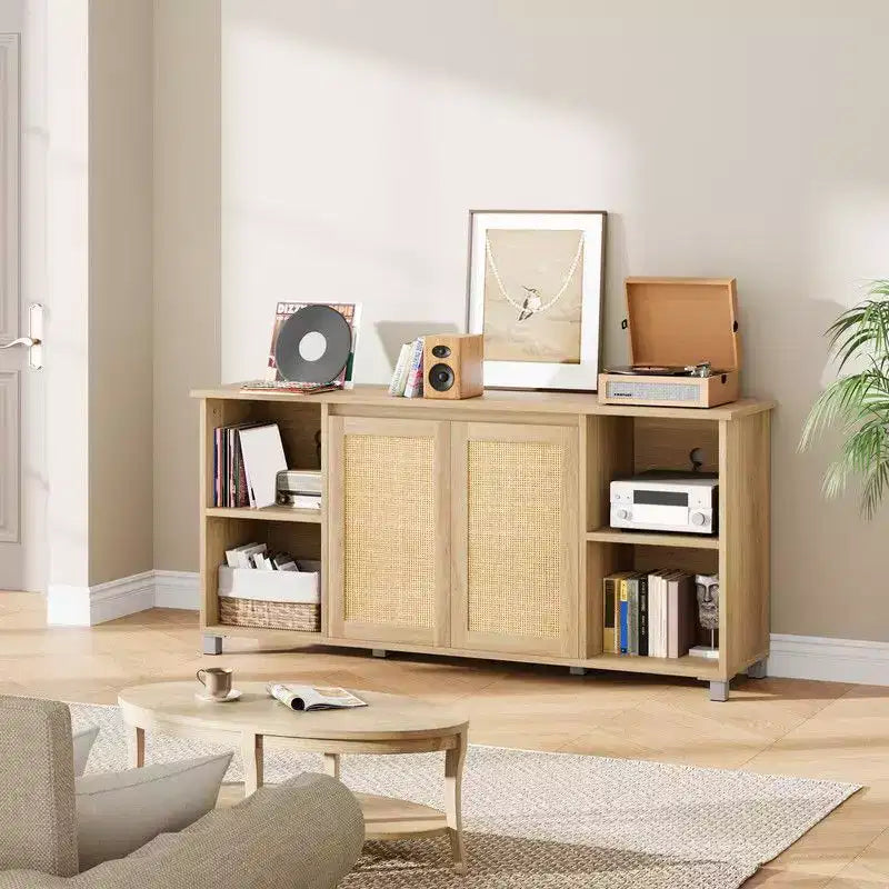 Mobile TV Moderno di Metà Secolo da 70 pollici con Ante in Rattan - Centro Intrattenimento per TV da 70 pollici