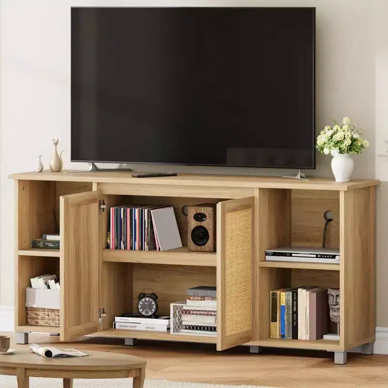 Mobile TV Moderno di Metà Secolo da 70 pollici con Ante in Rattan - Centro Intrattenimento per TV da 70 pollici