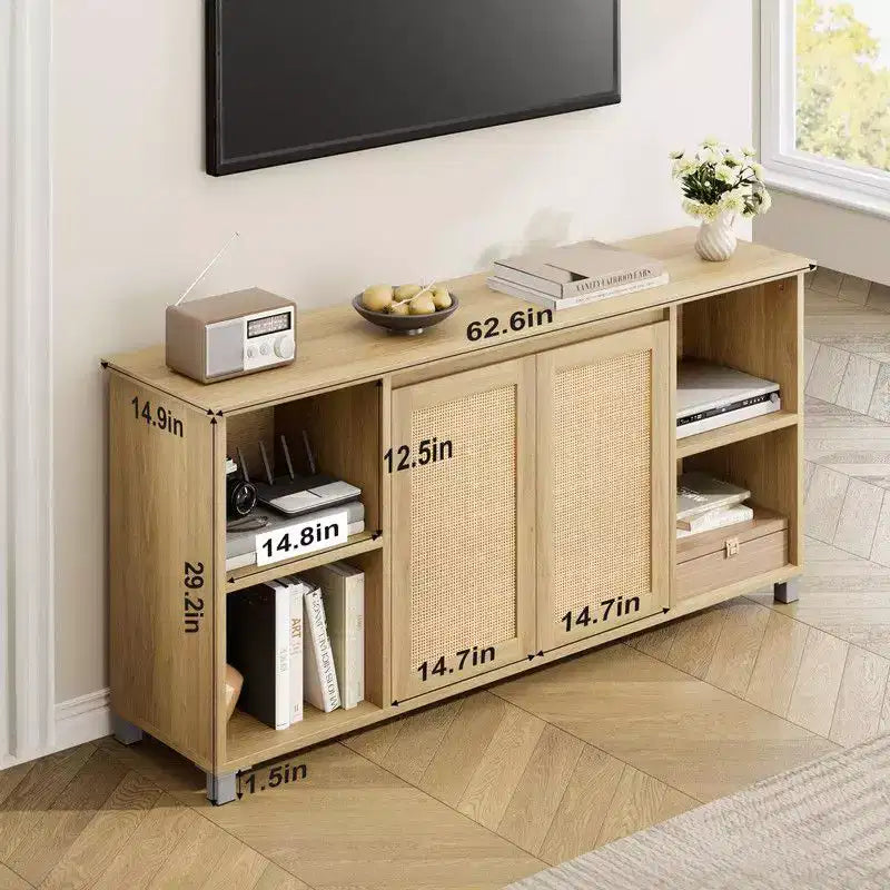 Mobile TV Moderno di Metà Secolo da 70 pollici con Ante in Rattan - Centro Intrattenimento per TV da 70 pollici