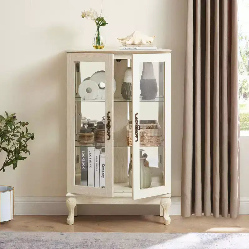Vetrinetta espositiva ciliegio/rovere/bianco con 2 ante in vetro e ripiani regolabili, per l'assemblaggio da parte di 1 persona
