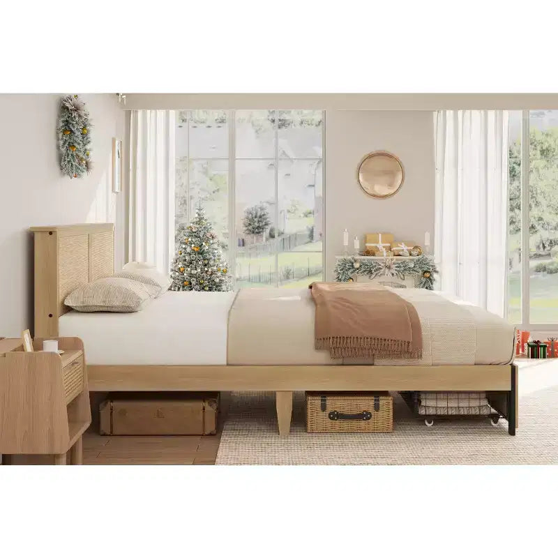 Letto a piattaforma Queen Size con testiera in rattan e 2 cassetti portaoggetti, adatto per 1-2 persone