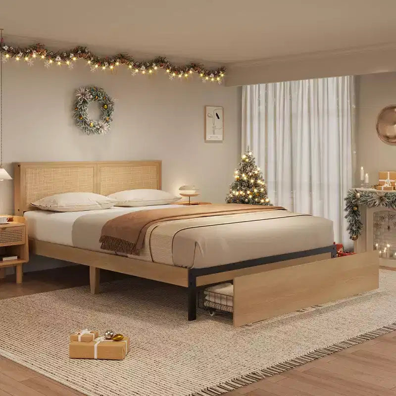Letto a piattaforma Queen Size con testiera in rattan e 2 cassetti portaoggetti, adatto per 1-2 persone