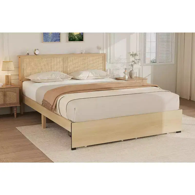 Letto a piattaforma Queen Size con testiera in rattan e 2 cassetti portaoggetti, adatto per 1-2 persone