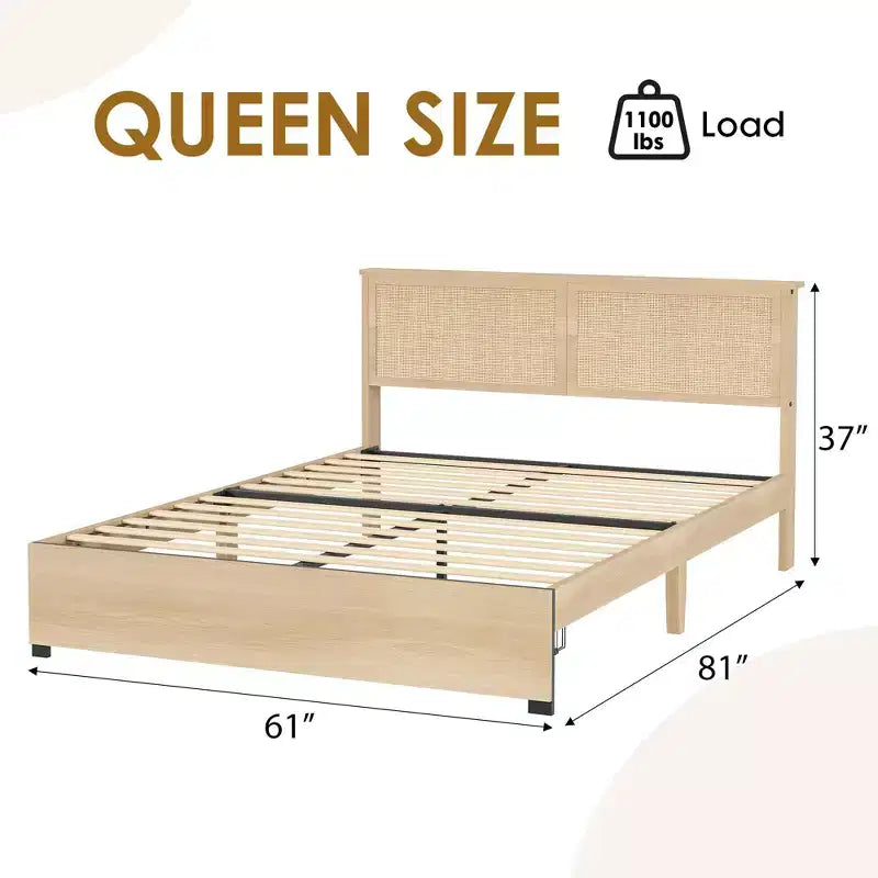 Letto a piattaforma Queen Size con testiera in rattan e 2 cassetti portaoggetti, adatto per 1-2 persone