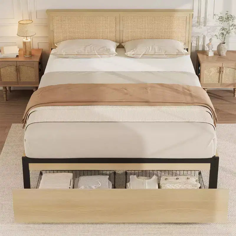 Letto a piattaforma Queen Size con testiera in rattan e 2 cassetti portaoggetti, adatto per 1-2 persone