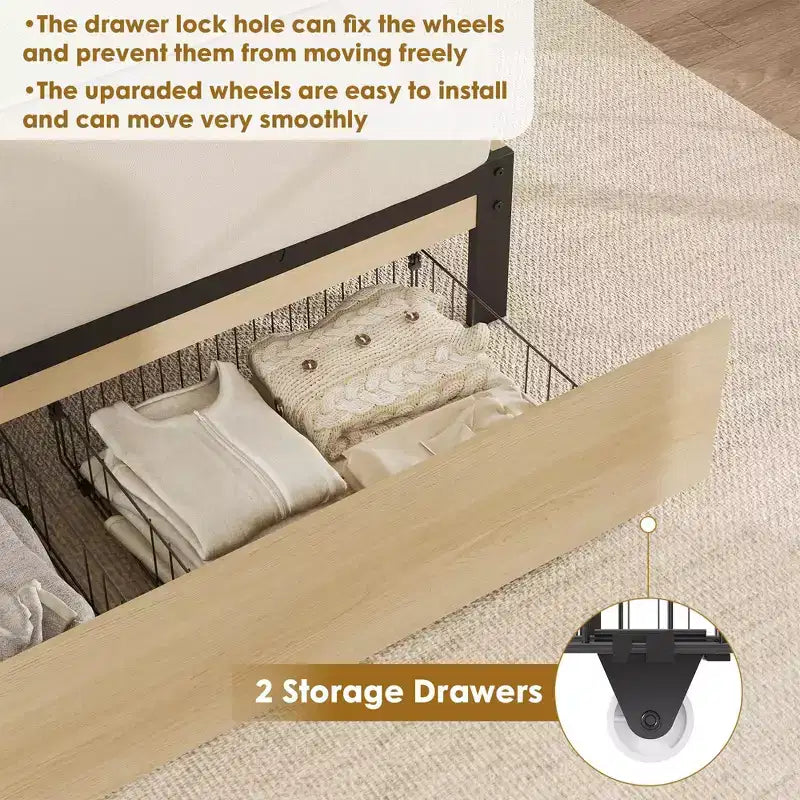 Letto a piattaforma Queen Size con testiera in rattan e 2 cassetti portaoggetti, adatto per 1-2 persone