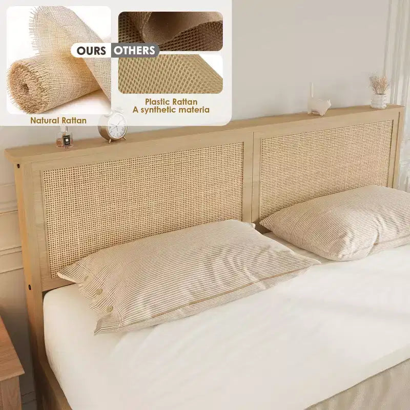 Letto a piattaforma Queen Size con testiera in rattan e 2 cassetti portaoggetti, adatto per 1-2 persone