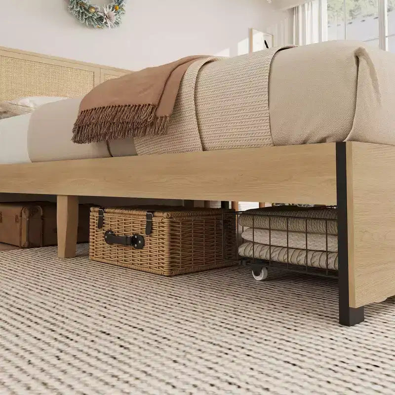 Letto a piattaforma Queen Size con testiera in rattan e 2 cassetti portaoggetti, adatto per 1-2 persone