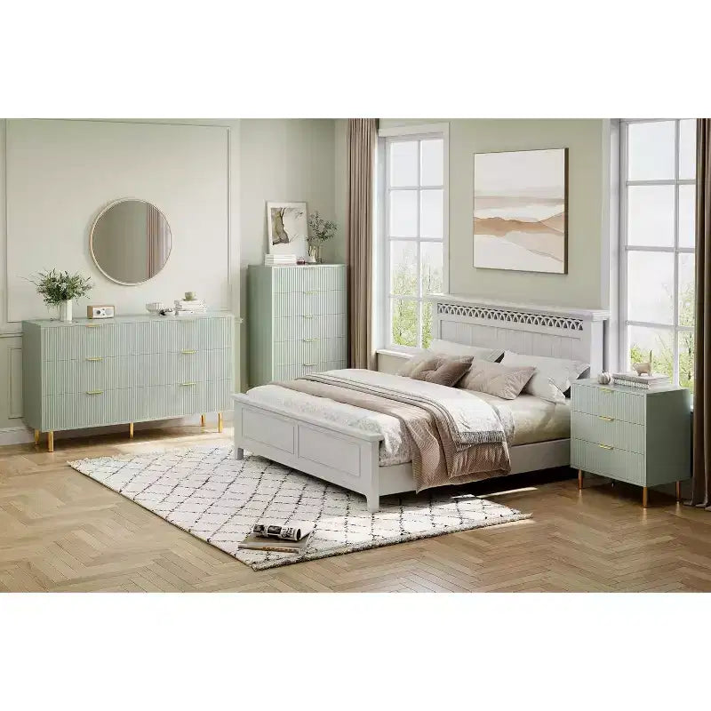 Comò a 6 cassetti con maniglie dorate, disponibile nei colori nero, verde grigio opaco e bianco/legno