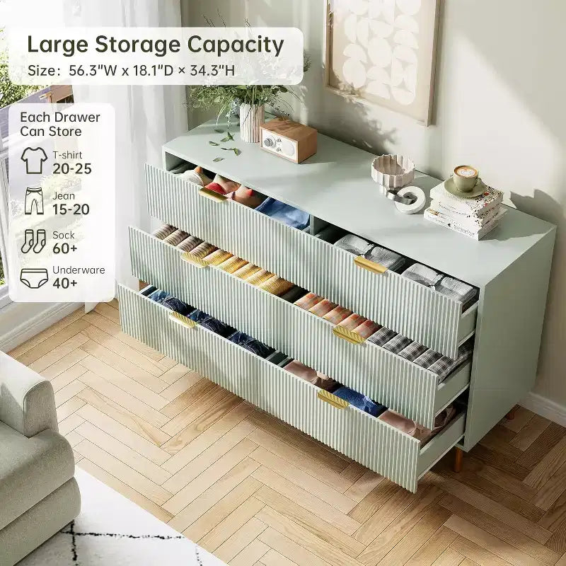 Comò a 6 cassetti con maniglie dorate, disponibile nei colori nero, verde grigio opaco e bianco/legno