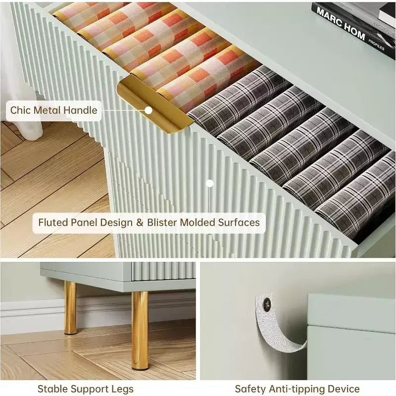 Comò a 6 cassetti con maniglie dorate, disponibile nei colori nero, verde grigio opaco e bianco/legno