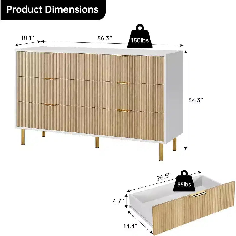 Comò a 6 cassetti con maniglie dorate, disponibile nei colori nero, verde grigio opaco e bianco/legno