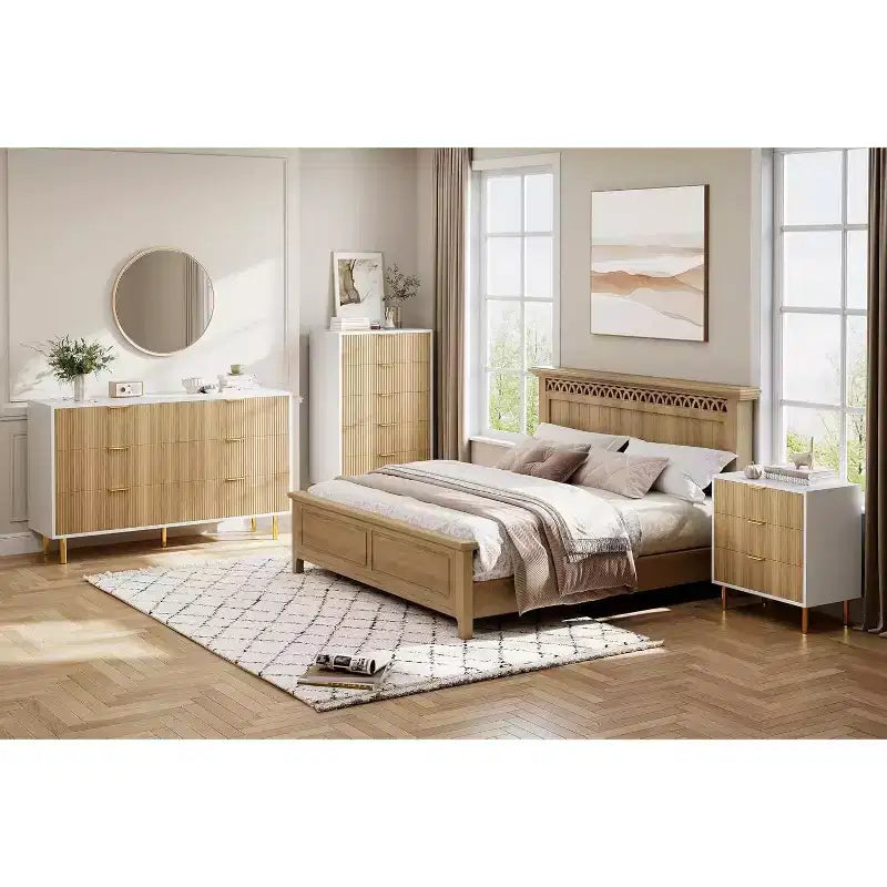 Comò a 6 cassetti con maniglie dorate, disponibile nei colori nero, verde grigio opaco e bianco/legno