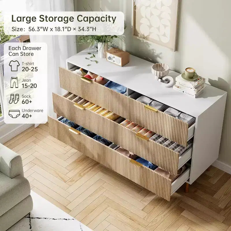 Comò a 6 cassetti con maniglie dorate, disponibile nei colori nero, verde grigio opaco e bianco/legno