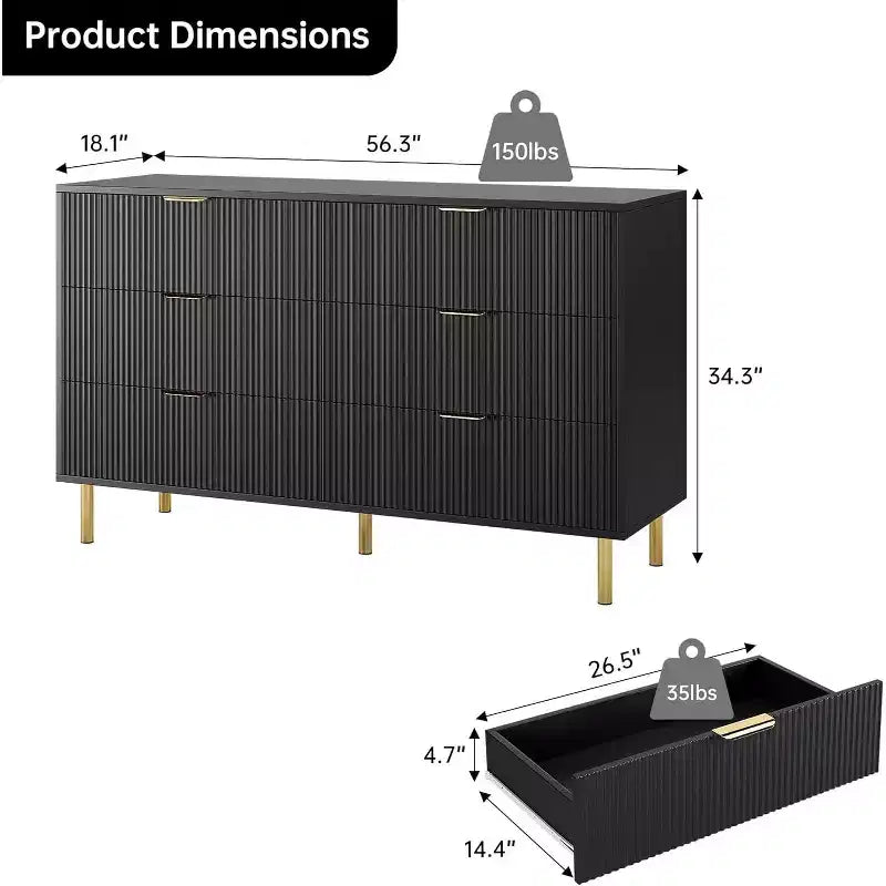 Comò a 6 cassetti con maniglie dorate, disponibile nei colori nero, verde grigio opaco e bianco/legno
