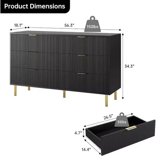 Comò a 6 cassetti con maniglie dorate, disponibile nei colori nero, verde grigio opaco e bianco/legno