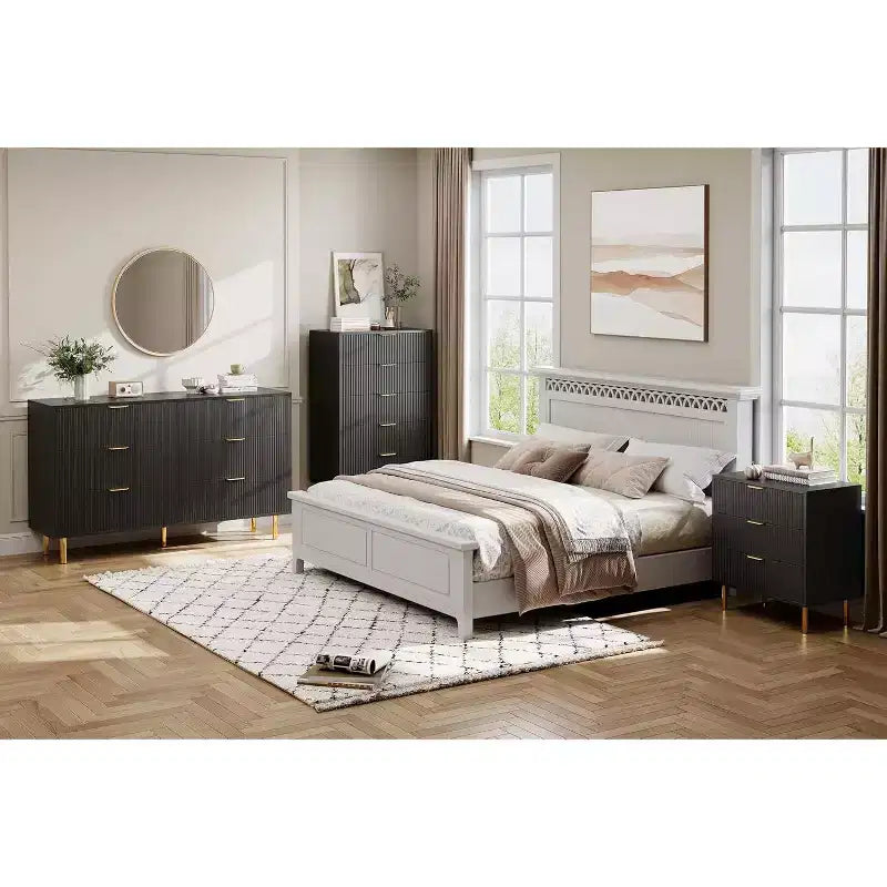 Comò a 6 cassetti con maniglie dorate, disponibile nei colori nero, verde grigio opaco e bianco/legno