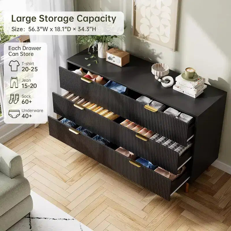 Comò a 6 cassetti con maniglie dorate, disponibile nei colori nero, verde grigio opaco e bianco/legno