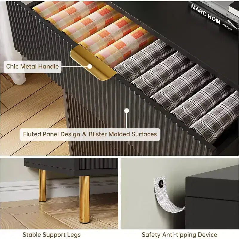 Comò a 6 cassetti con maniglie dorate, disponibile nei colori nero, verde grigio opaco e bianco/legno