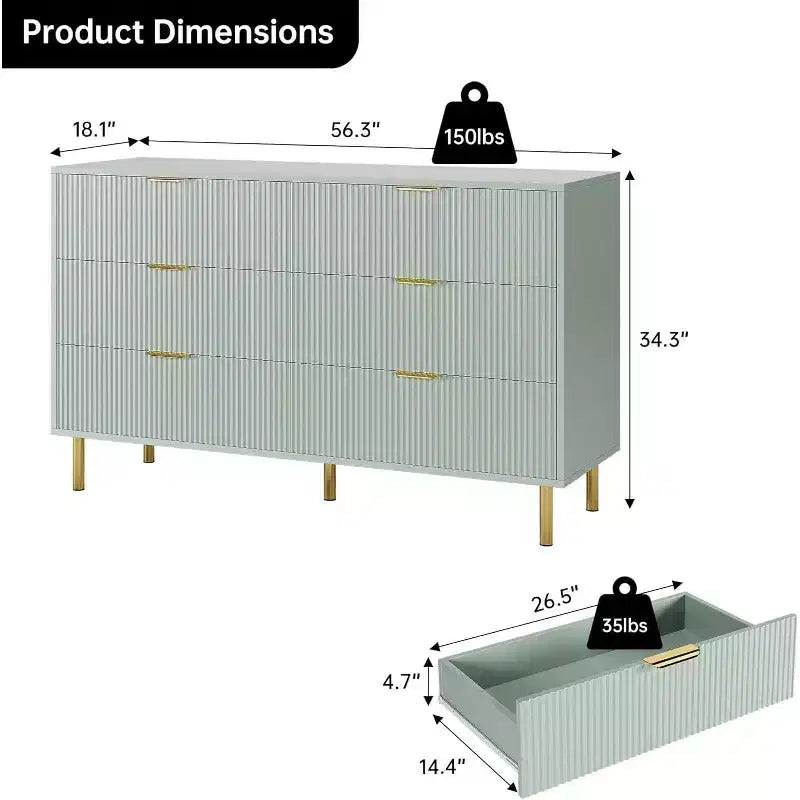 Comò a 6 cassetti con maniglie dorate, disponibile nei colori nero, verde grigio opaco e bianco/legno