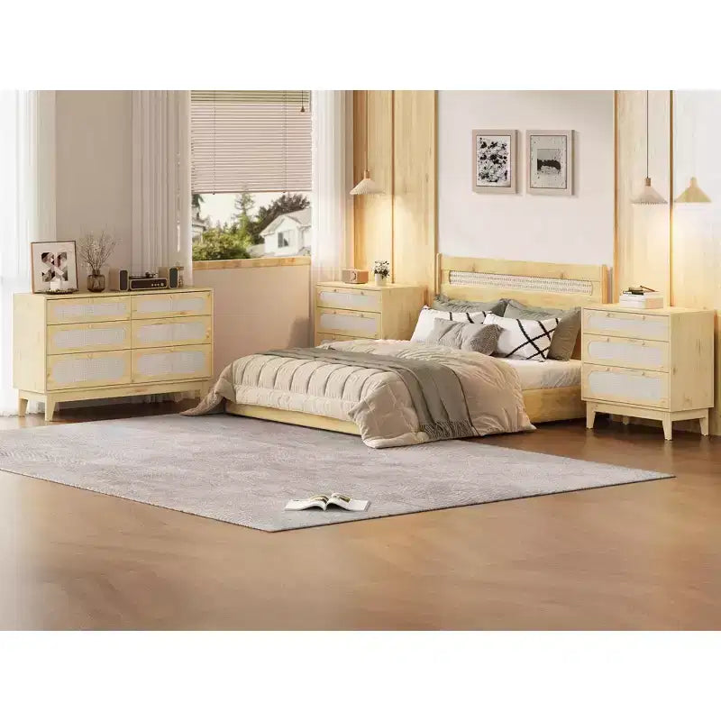 Cassettiera in Rattan Naturale, Comò a 3 Cassetti, Comodino in Rattan, Piccolo Mobile Boho, Maniglie e Gambe in Legno, Tavolino da Comodino
