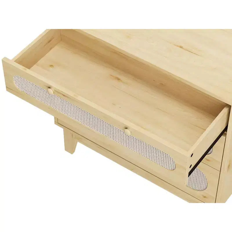 Cassettiera in Rattan Naturale, Comò a 3 Cassetti, Comodino in Rattan, Piccolo Mobile Boho, Maniglie e Gambe in Legno, Tavolino da Comodino