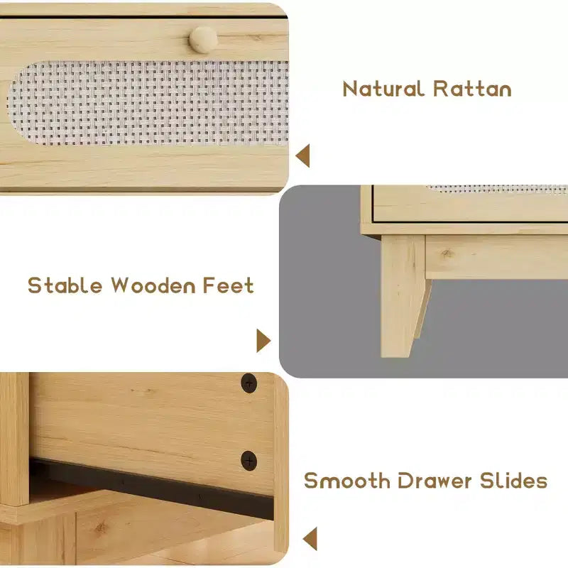 Cassettiera in Rattan Naturale, Comò a 3 Cassetti, Comodino in Rattan, Piccolo Mobile Boho, Maniglie e Gambe in Legno, Tavolino da Comodino